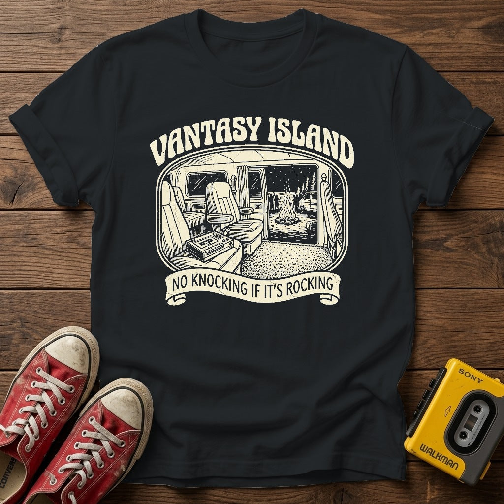 Varsity Island Vintage Beach T-Shirt — Black wood flat-lay