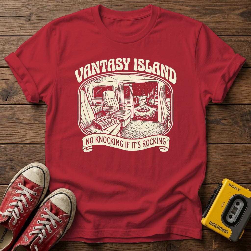 Varsity Island Vintage Beach T-Shirt — Cherry Red wood flat-lay