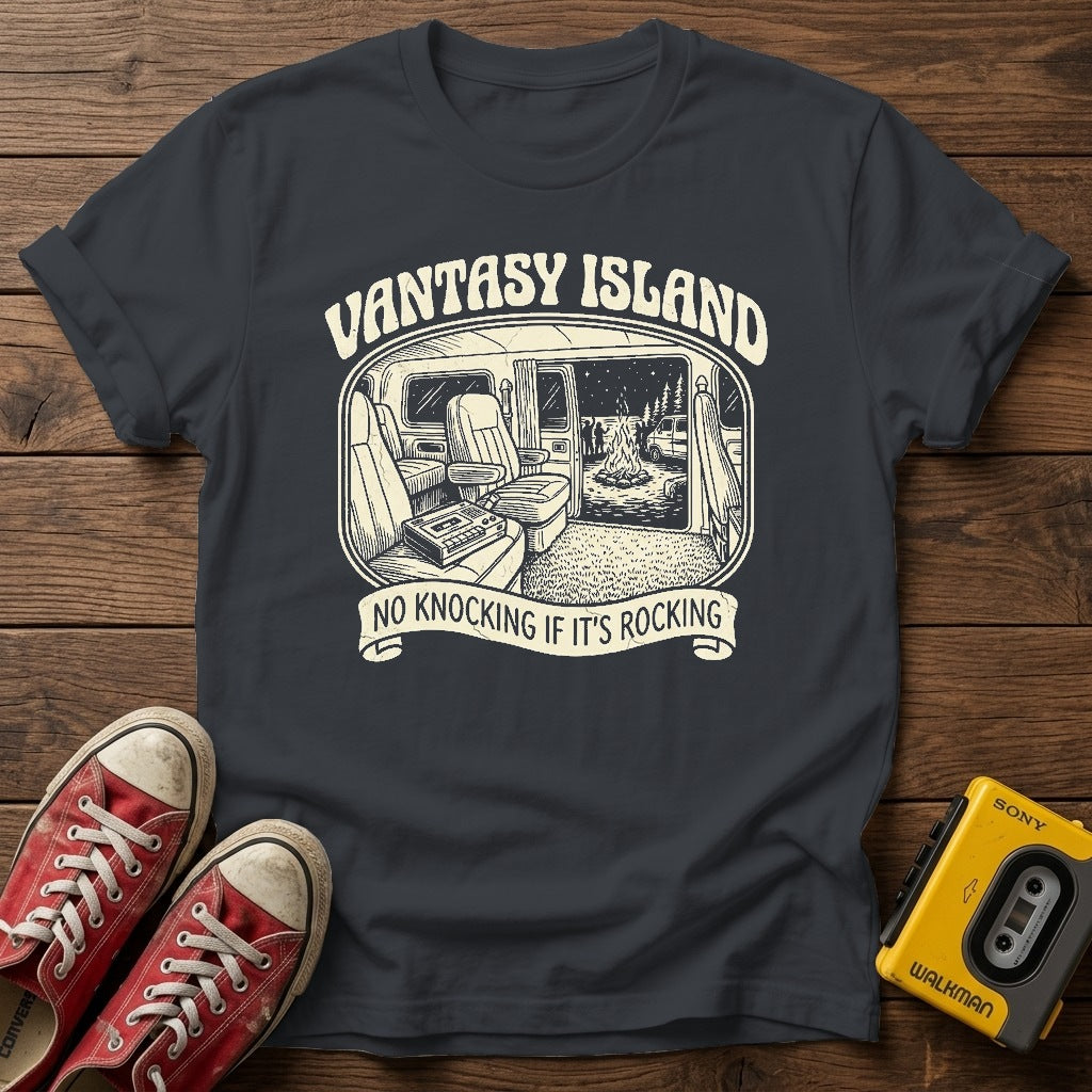 Varsity Island Vintage Beach T-Shirt — Dark Heather Grey wood flat-lay