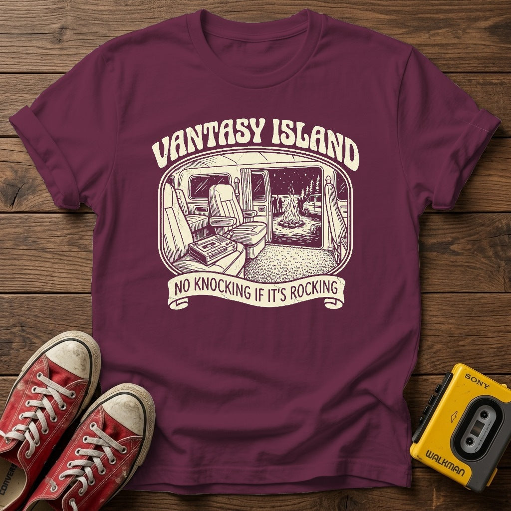 Varsity Island Vintage Beach T-Shirt — Heather Maroon wood flat-lay