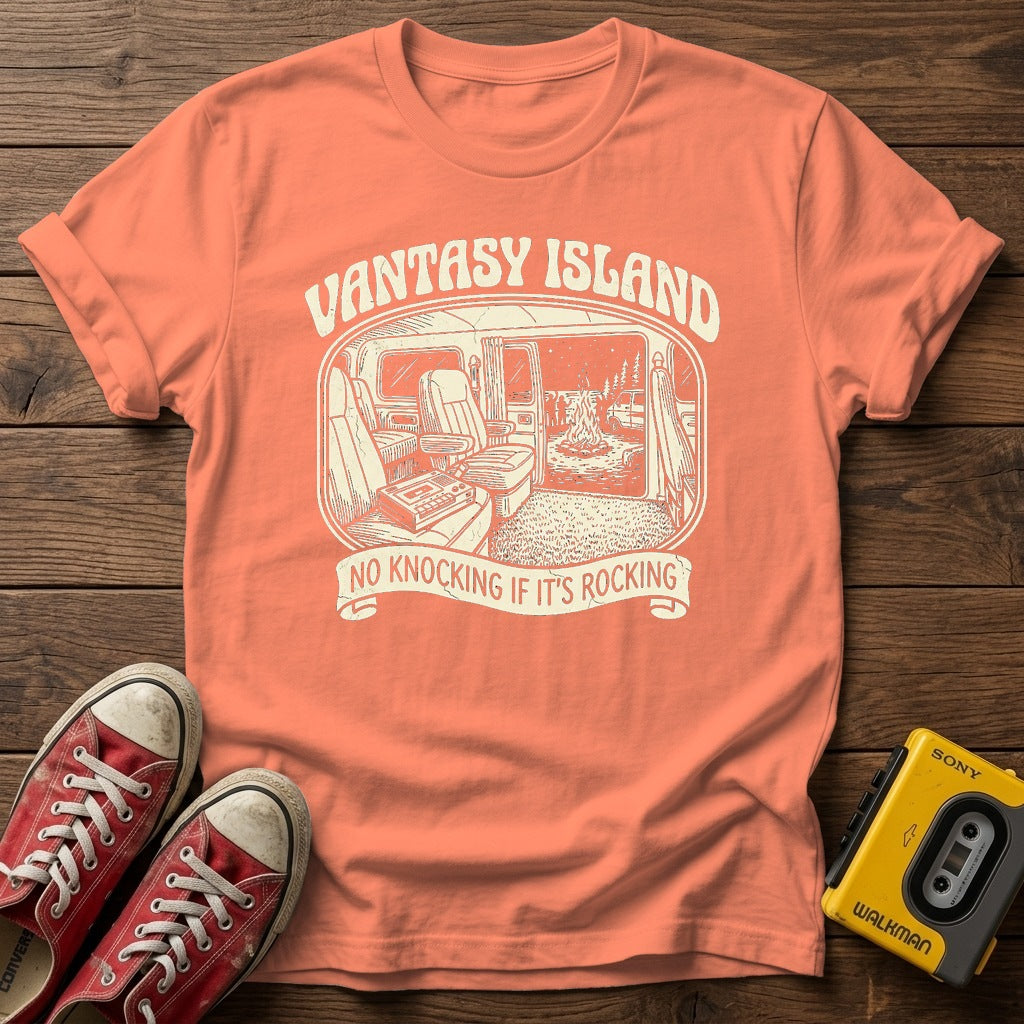 Varsity Island Vintage Beach T-Shirt — Heather Orange wood flat-lay