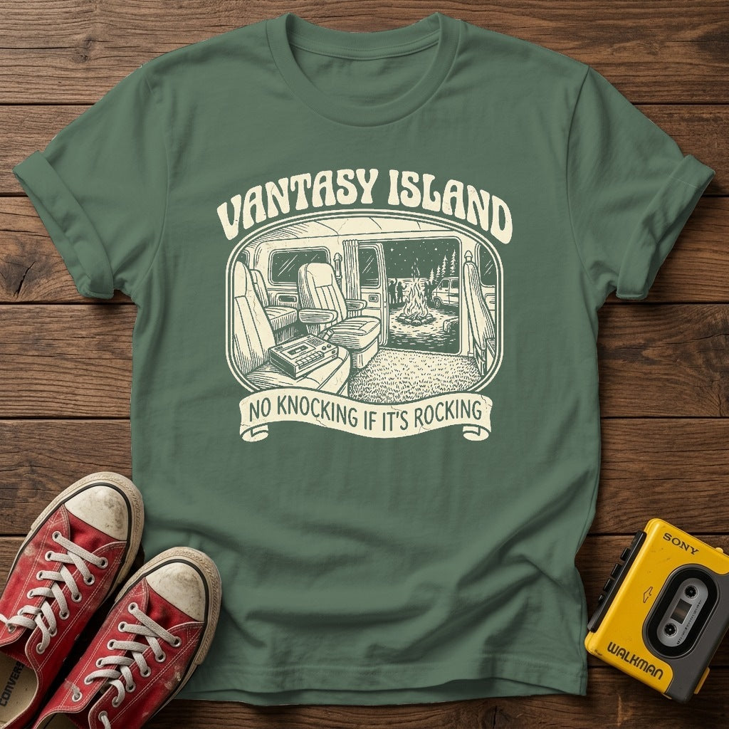 Varsity Island Vintage Beach T-Shirt — Military Green wood flat-lay