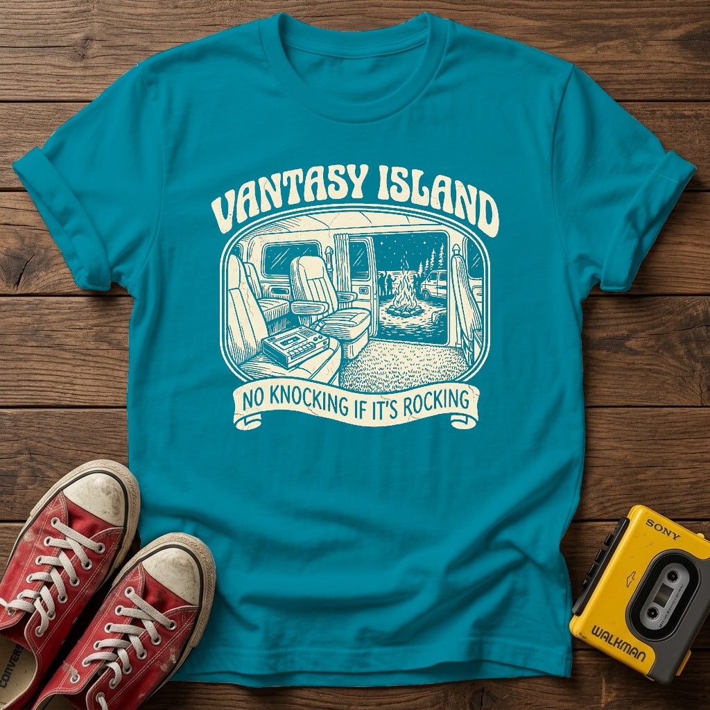 Varsity Island Vintage Beach T-Shirt — Tropical Blue wood flat-lay