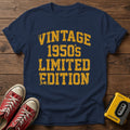 Vintage 1950s Limited Edition T-Shirt — Navy wood flat-lay