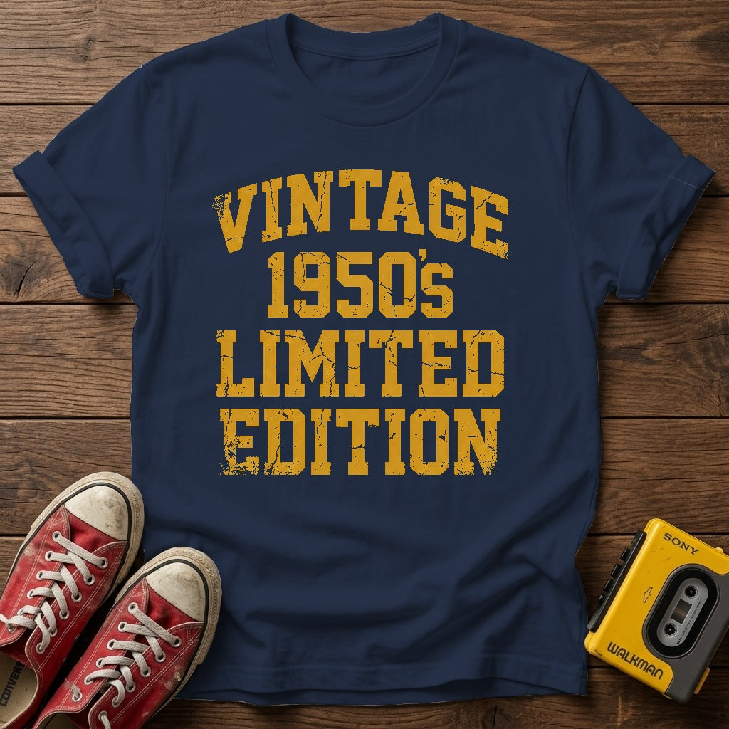 Vintage 1950s Limited Edition T-Shirt — Navy wood flat-lay