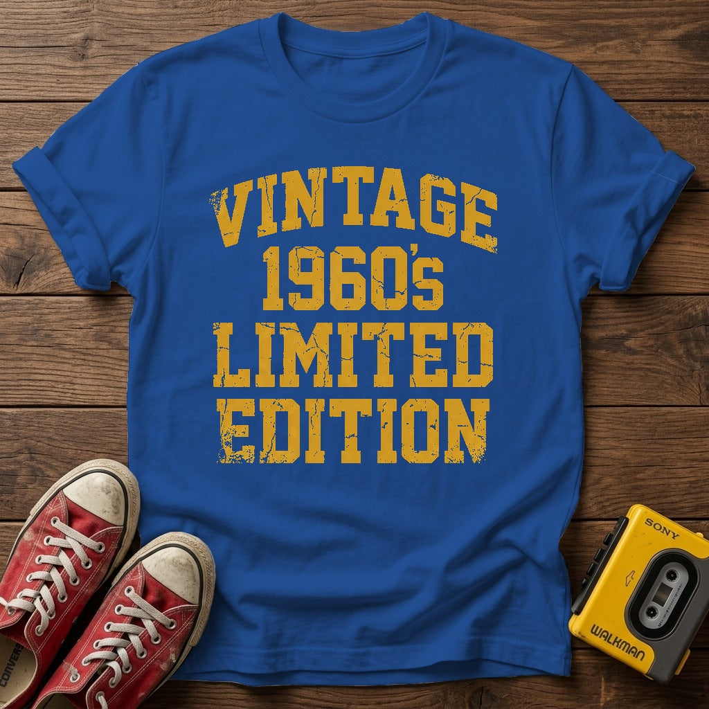 Vintage 1960s Limited Edition Retro T-Shirt — Royal wood flat-lay