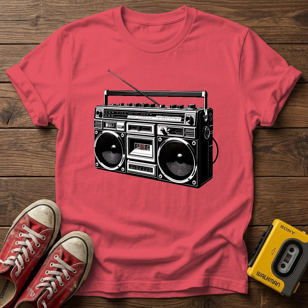 Vintage Boombox Graphic T-Shirt — Heather Red wood flat-lay
