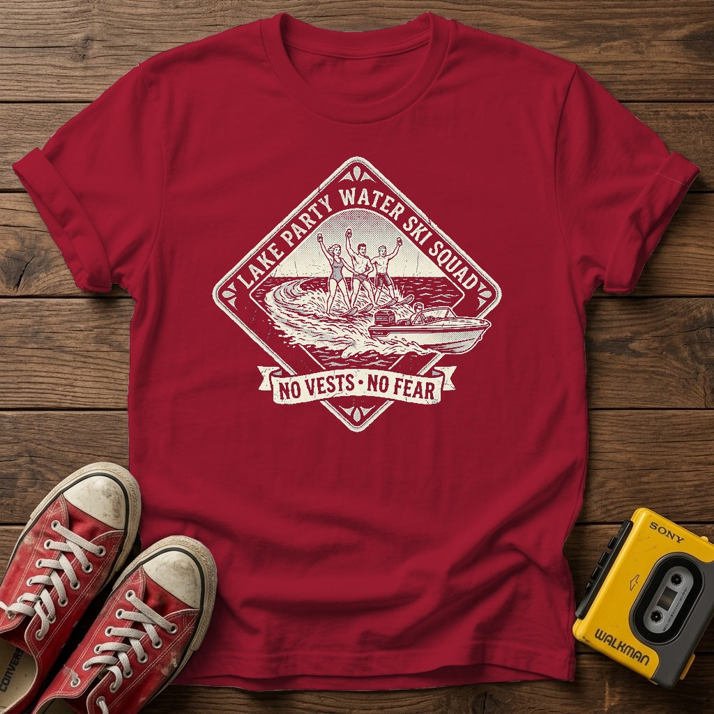 Vintage Fishing Camp T-Shirt — Antique Cherry Red wood flat-lay