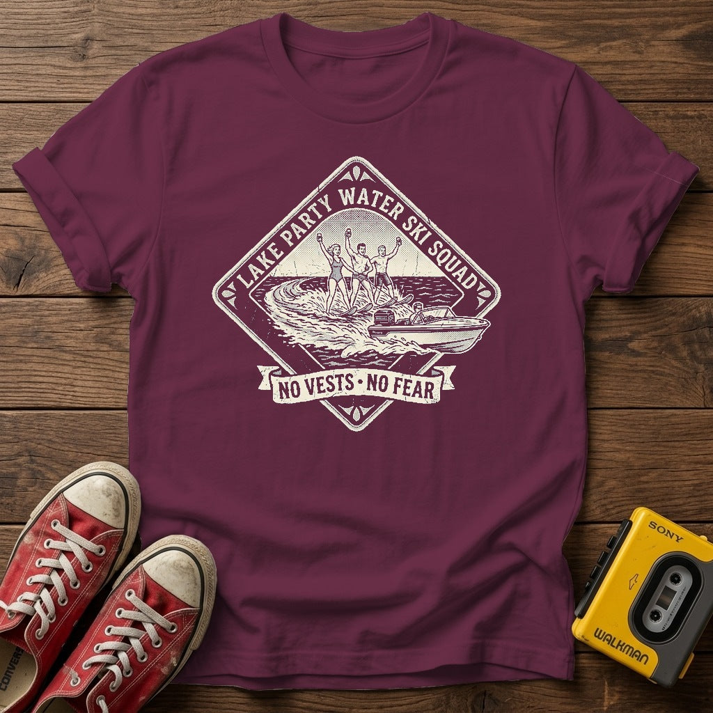 Vintage Fishing Camp T-Shirt — Heather Maroon wood flat-lay