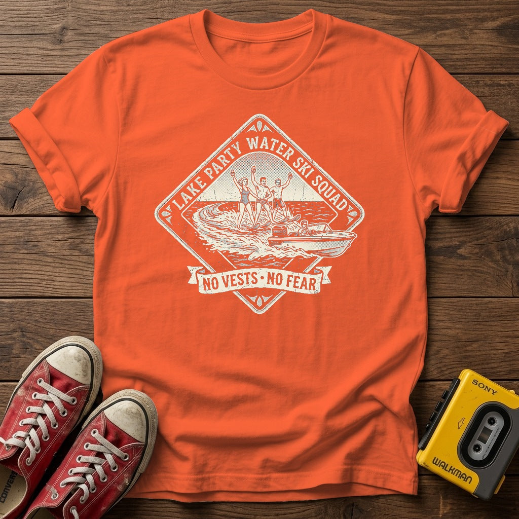 Vintage Fishing Camp T-Shirt — Orange wood flat-lay