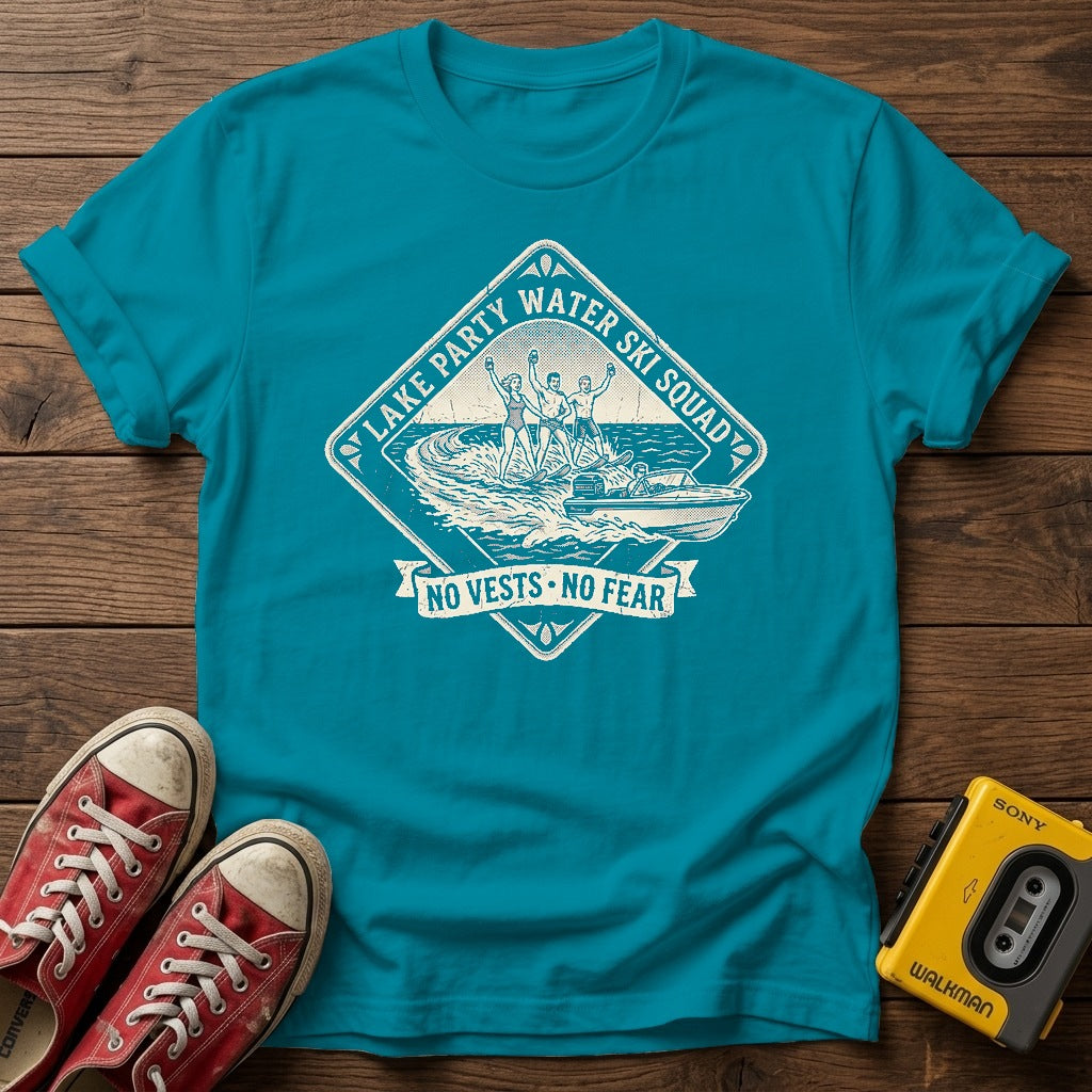 Vintage Fishing Camp T-Shirt — Tropical Blue wood flat-lay