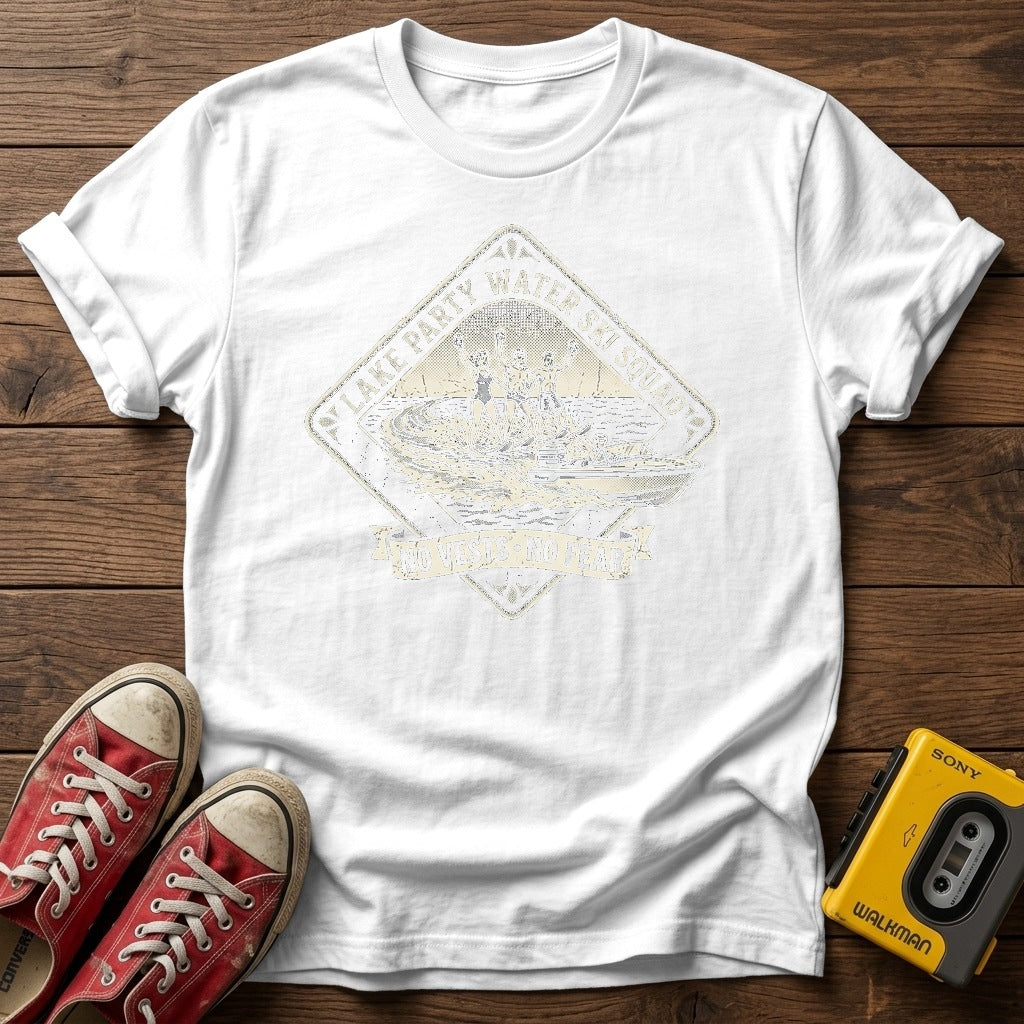 Vintage Fishing Camp T-Shirt — White wood flat-lay