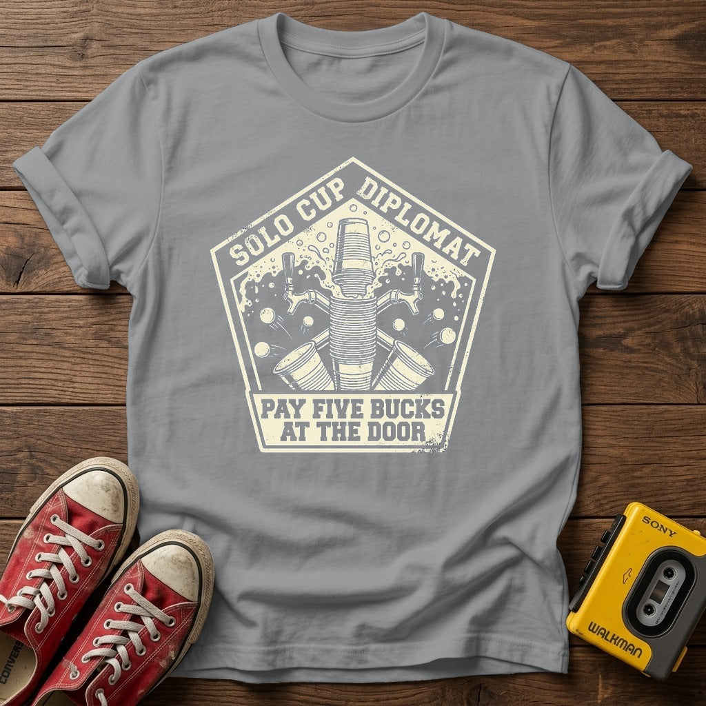 Vintage Surf Badge T-Shirt — Sport Grey wood flat-lay