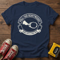 Vintage Tennis Racquet Emblem T-Shirt — Navy wood flat-lay