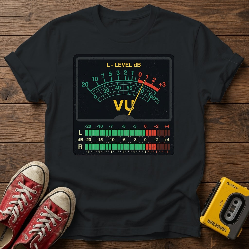 VU Meter Graphic T-Shirt — Black wood flat-lay