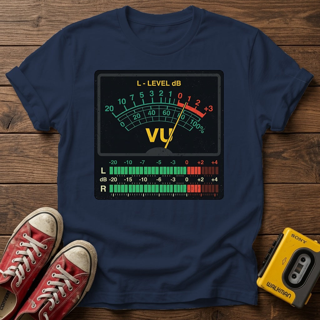VU Meter Graphic T-Shirt — Navy wood flat-lay