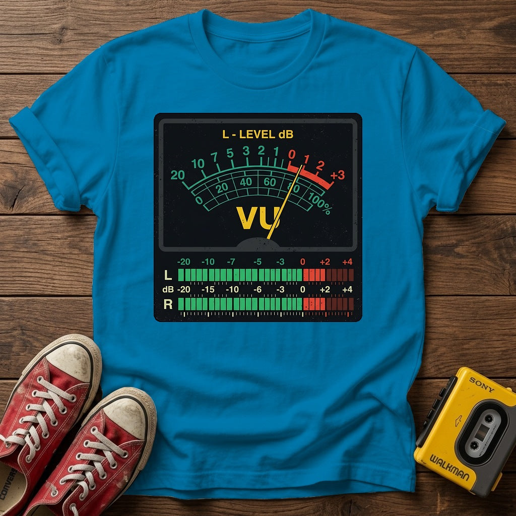 VU Meter Graphic T-Shirt — Sapphire wood flat-lay