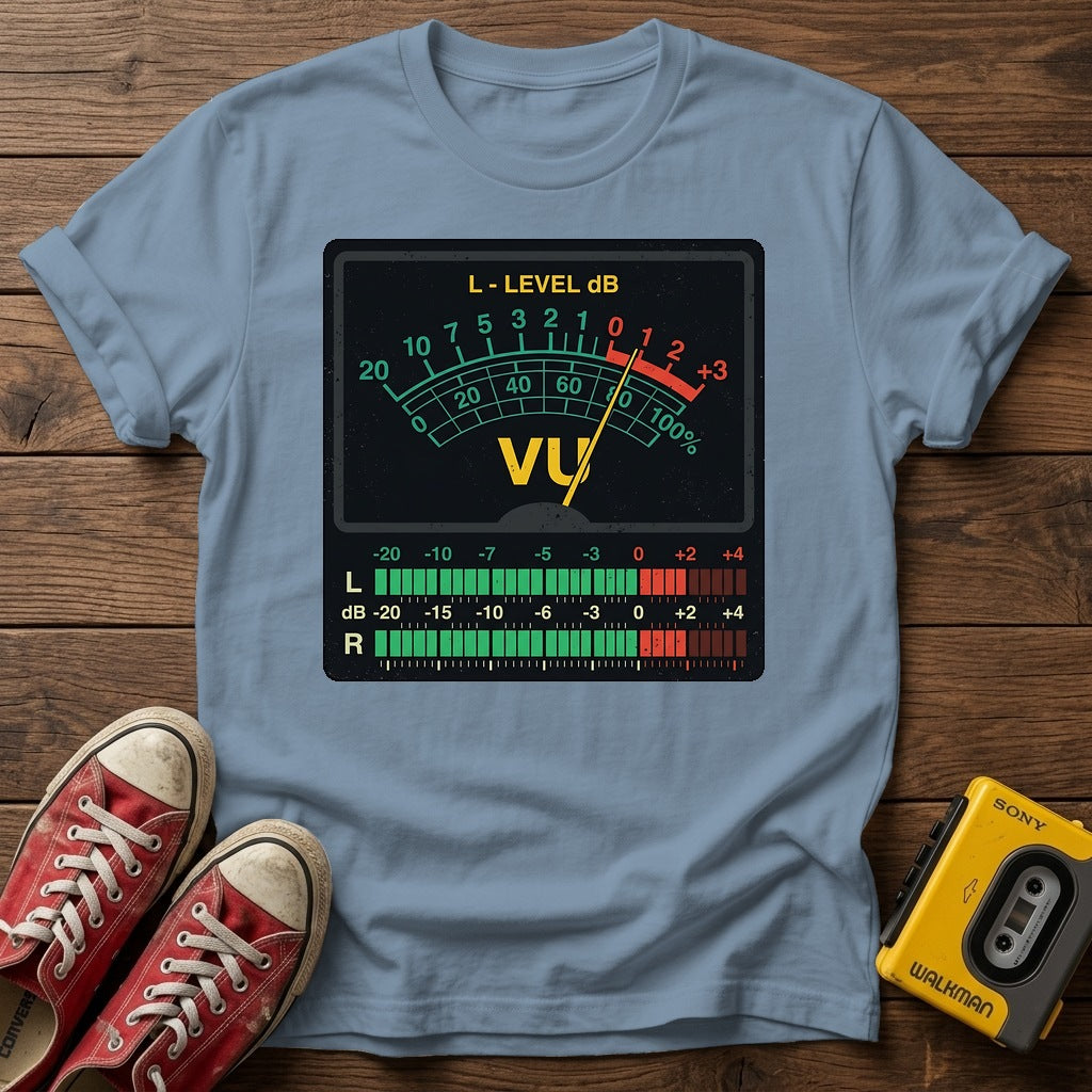 VU Meter Graphic T-Shirt — Stone Blue wood flat-lay