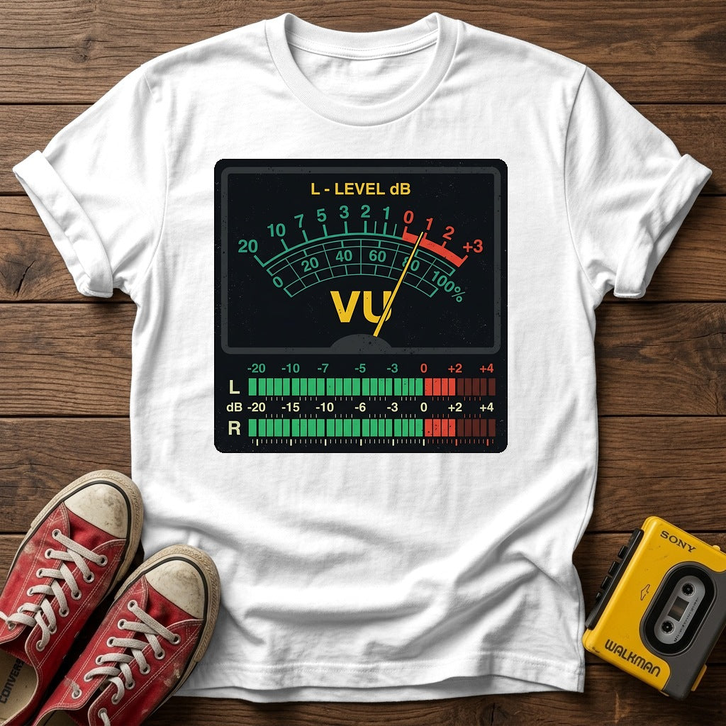 VU Meter Graphic T-Shirt — White wood flat-lay