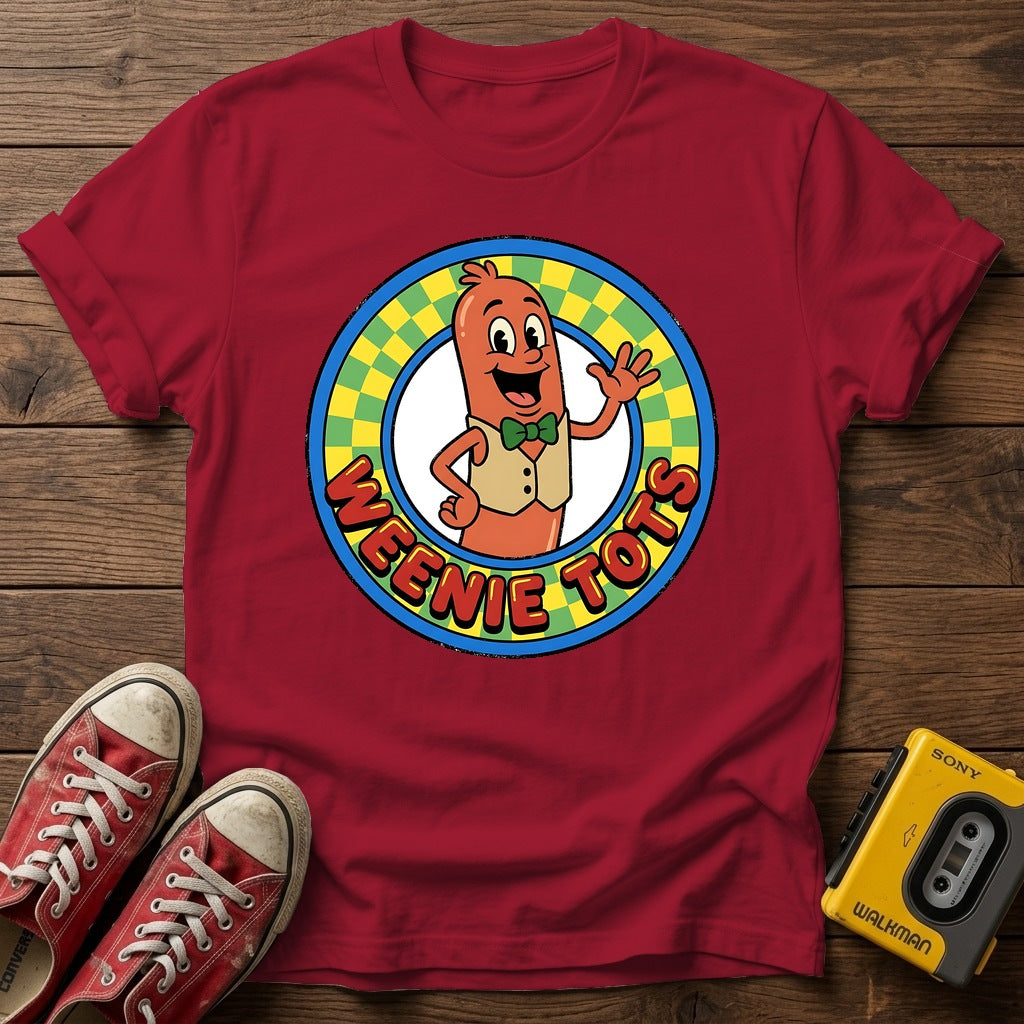 Weenie Tots Retro Logo T-Shirt — Antique Cherry Red wood flat-lay