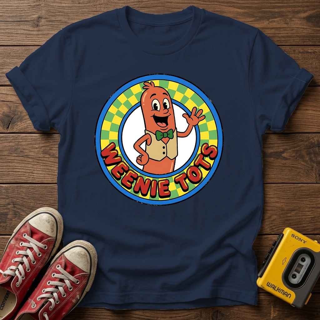 Weenie Tots Retro Logo T-Shirt — Navy wood flat-lay