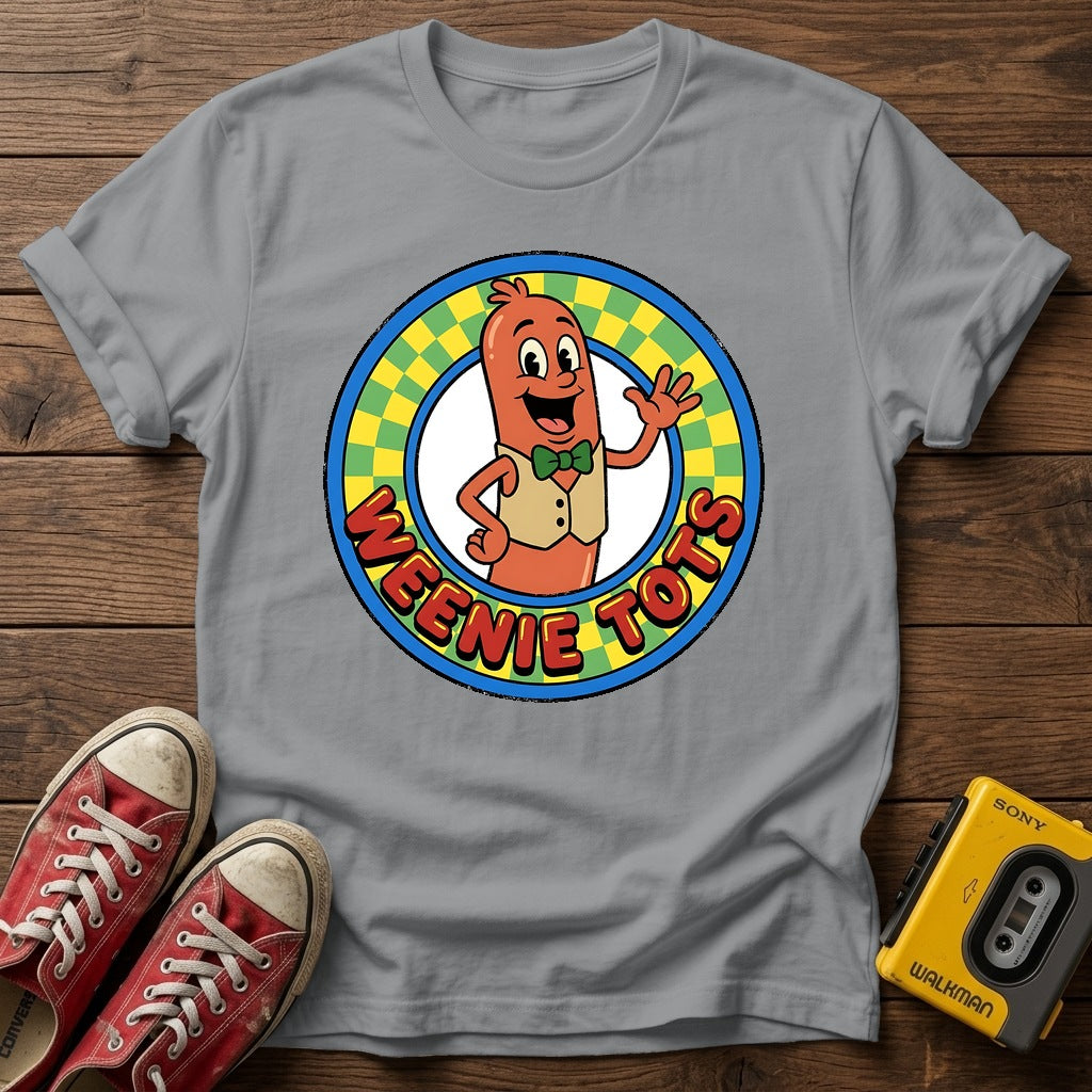 Weenie Tots Retro Logo T-Shirt — Sport Grey wood flat-lay