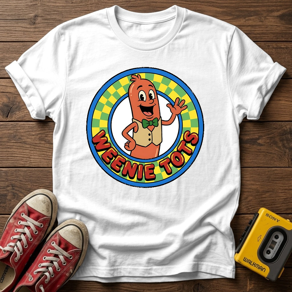 Weenie Tots Retro Logo T-Shirt — White wood flat-lay