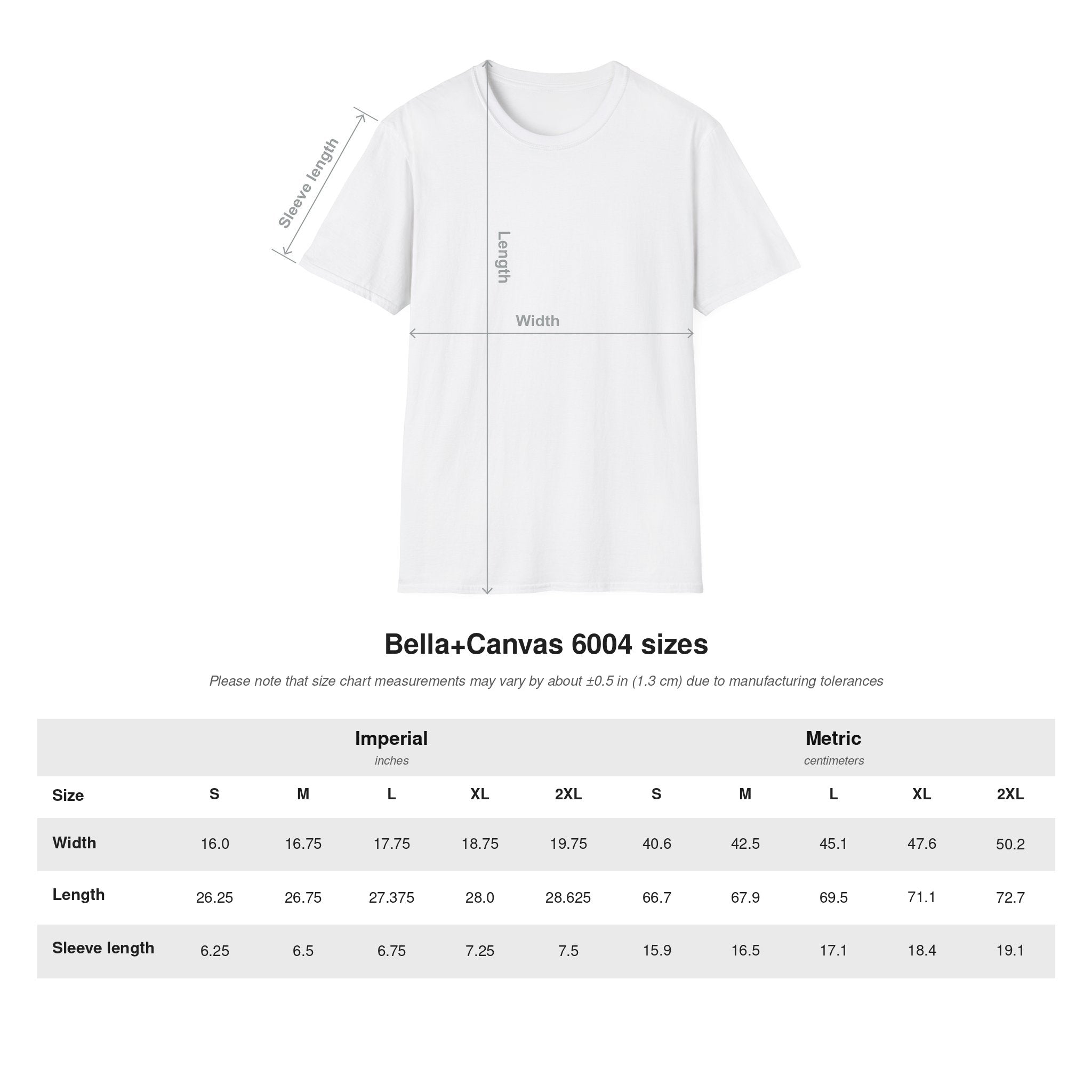 Bella+Canvas 6004 size chart, sizes S through 2XL